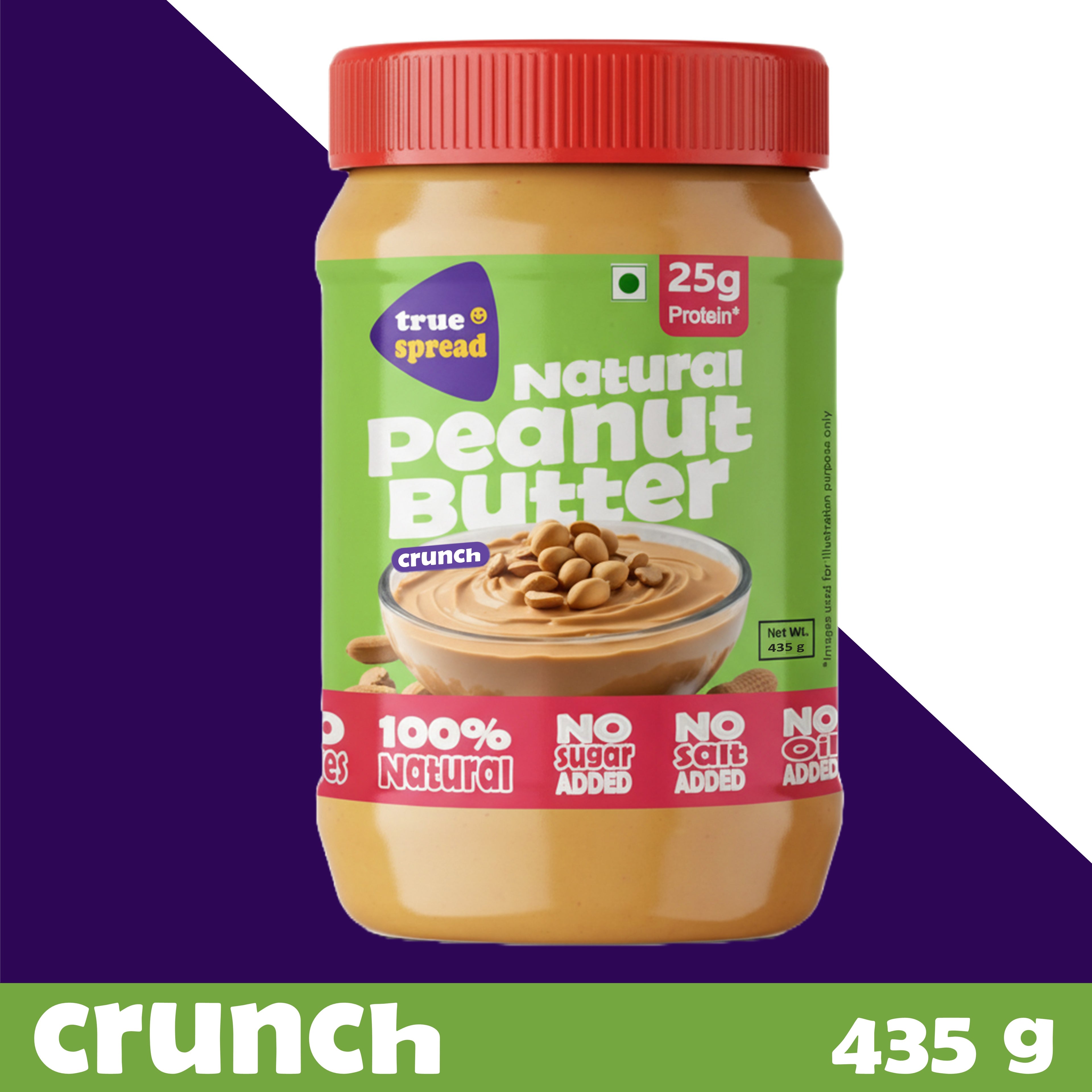 100% Natural Peanut Butter - Crunch with No added Sugar, Salt and Preservatives. 435 Grams